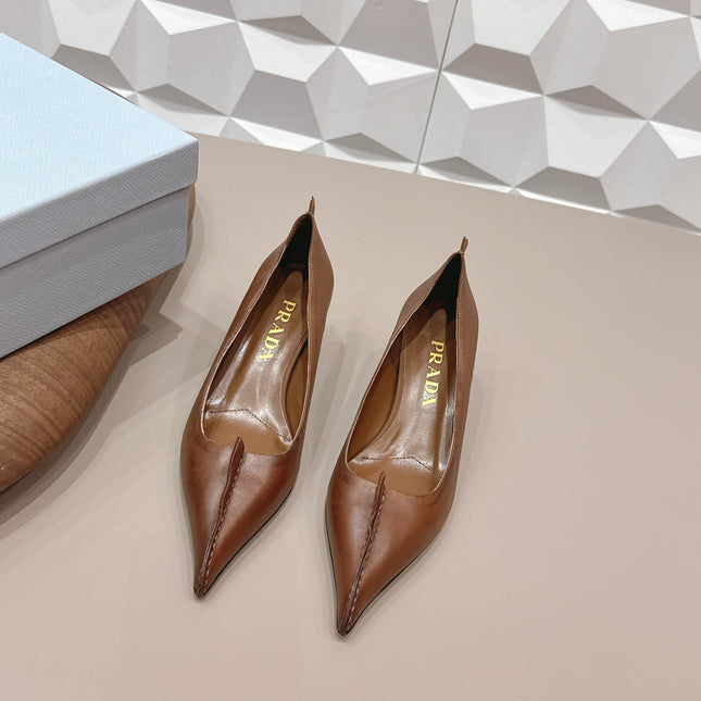 PRADA 26S POINTED TOE HIGH HEELS 55MM IN BROWN CALFSKIN