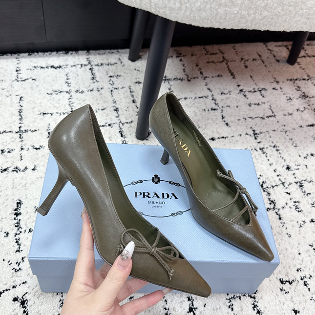 PRADA 26S POINTED-TOE HIGH HEELS 75MM IN OLIVE BROWN CALFSKIN