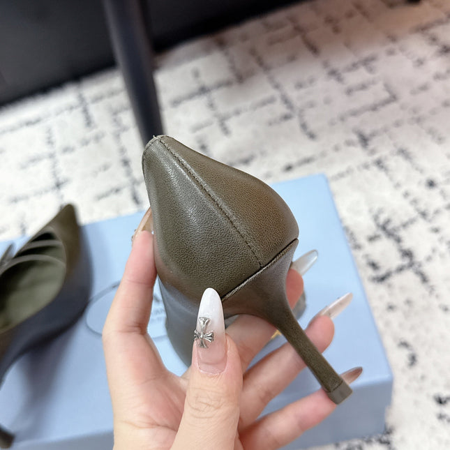 PRADA 26S POINTED-TOE HIGH HEELS 75MM IN OLIVE BROWN CALFSKIN