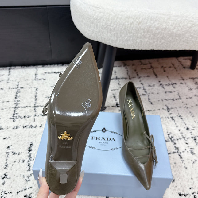 PRADA 26S POINTED-TOE HIGH HEELS 75MM IN OLIVE BROWN CALFSKIN