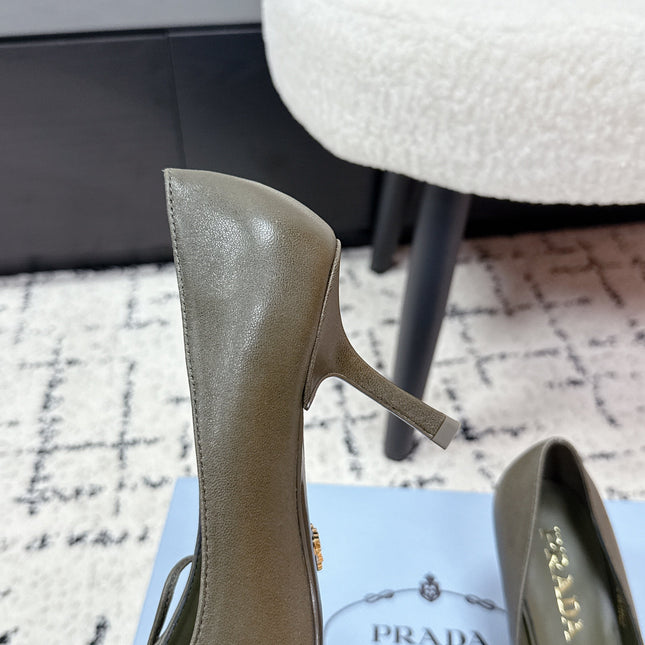 PRADA 26S POINTED-TOE HIGH HEELS 75MM IN OLIVE BROWN CALFSKIN