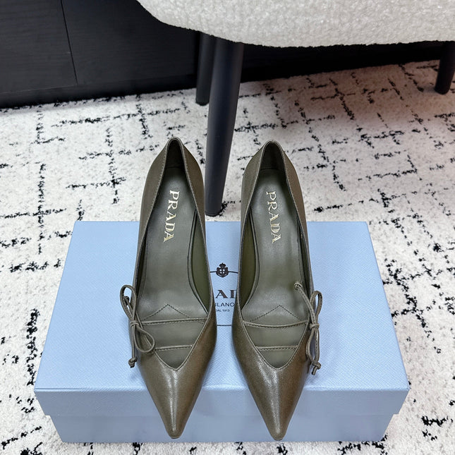 PRADA 26S POINTED-TOE HIGH HEELS 75MM IN OLIVE BROWN CALFSKIN
