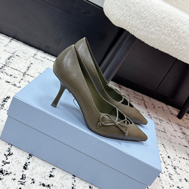 PRADA 26S POINTED-TOE HIGH HEELS 75MM IN OLIVE BROWN CALFSKIN