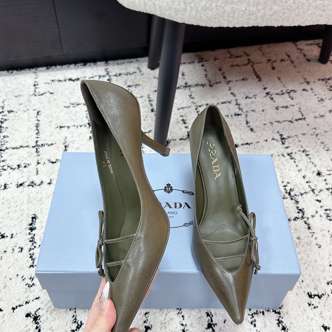 PRADA 26S POINTED-TOE HIGH HEELS 75MM IN OLIVE BROWN CALFSKIN