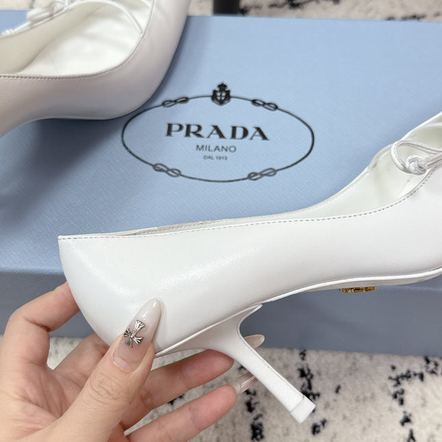 PRADA 26S POINTED-TOE HIGH HEELS 75MM IN WHITE CALFSKIN