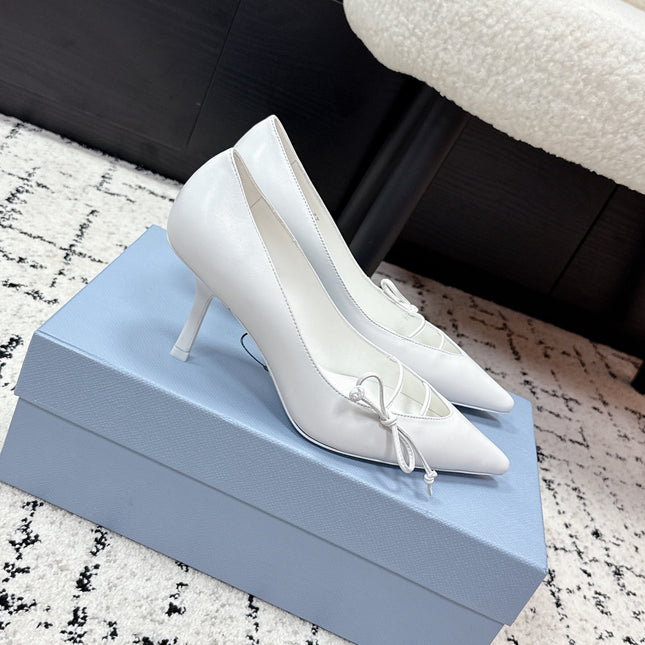 PRADA 26S POINTED-TOE HIGH HEELS 75MM IN WHITE CALFSKIN