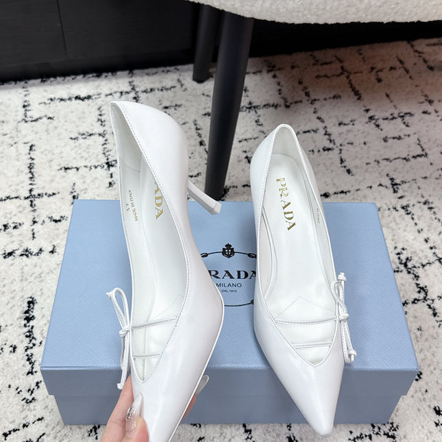 PRADA 26S POINTED-TOE HIGH HEELS 75MM IN WHITE CALFSKIN