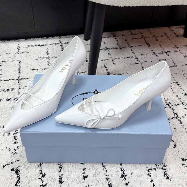 PRADA 26S POINTED-TOE HIGH HEELS 75MM IN WHITE CALFSKIN