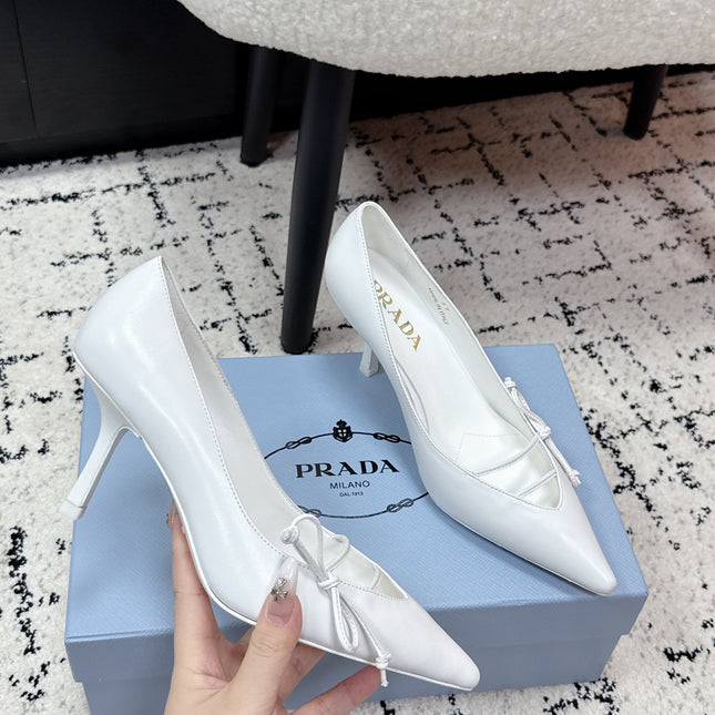 PRADA 26S POINTED-TOE HIGH HEELS 75MM IN WHITE CALFSKIN