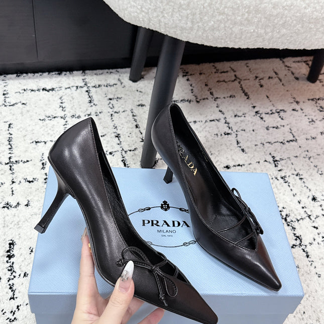 PRADA 26S POINTED-TOE HIGH HEELS 75MM IN BLACK CALFSKIN