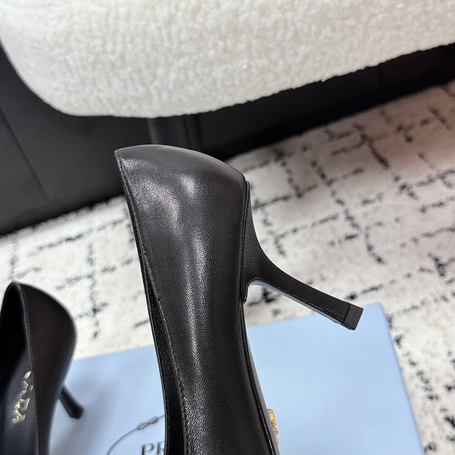 PRADA 26S POINTED-TOE HIGH HEELS 75MM IN BLACK CALFSKIN