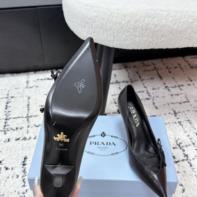 PRADA 26S POINTED-TOE HIGH HEELS 75MM IN BLACK CALFSKIN