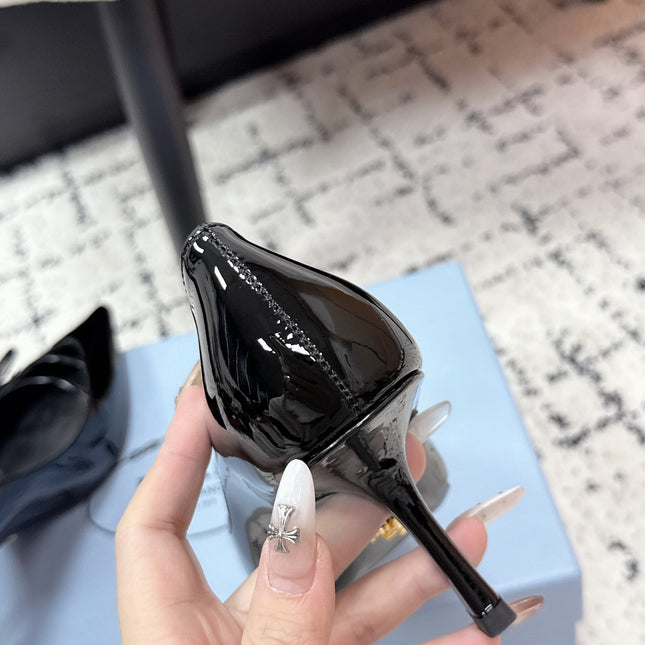 PRADA 26S POINTED-TOE HIGH HEELS 75MM IN BLACK PATENT CALFSKIN