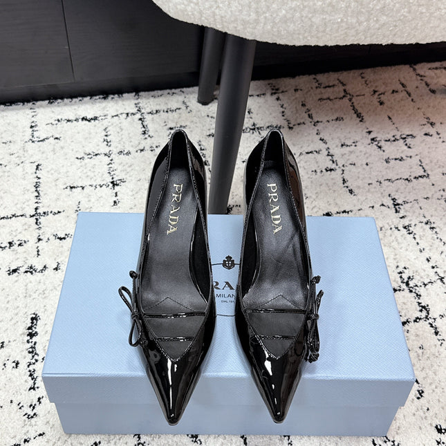 PRADA 26S POINTED-TOE HIGH HEELS 75MM IN BLACK PATENT CALFSKIN