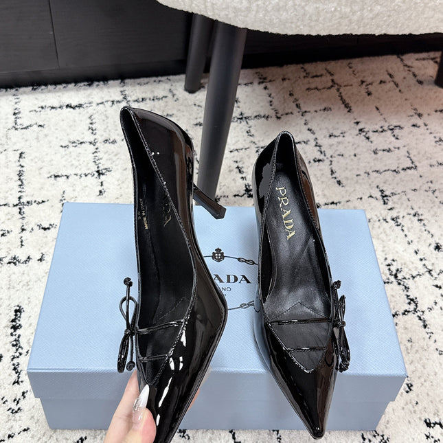 PRADA 26S POINTED-TOE HIGH HEELS 75MM IN BLACK PATENT CALFSKIN