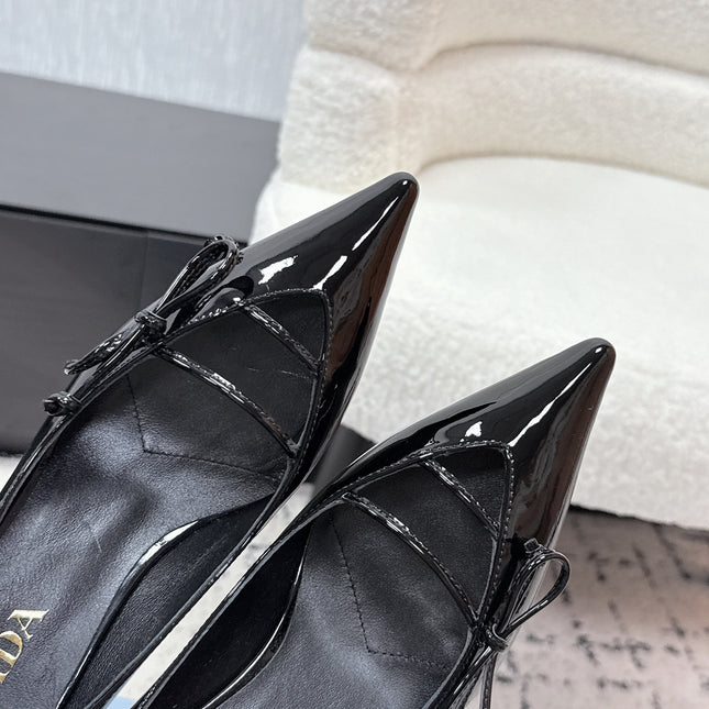 PRADA 26S POINTED-TOE HIGH HEELS 75MM IN BLACK PATENT CALFSKIN
