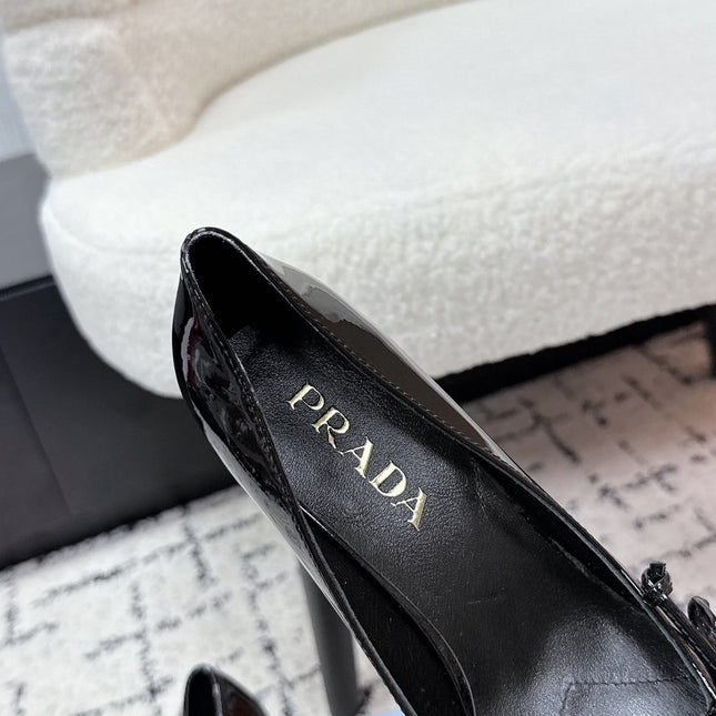 PRADA 26S POINTED-TOE HIGH HEELS 75MM IN BLACK PATENT CALFSKIN
