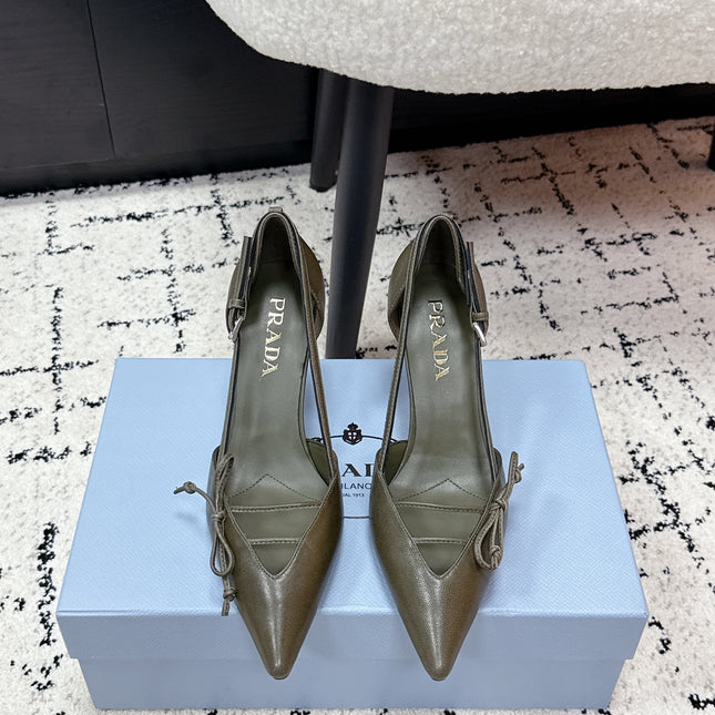 PRADA 26S POINTED-TOE HIGH HEELS 75MM IN OLIVE BROWN CALFSKIN WITH BOW