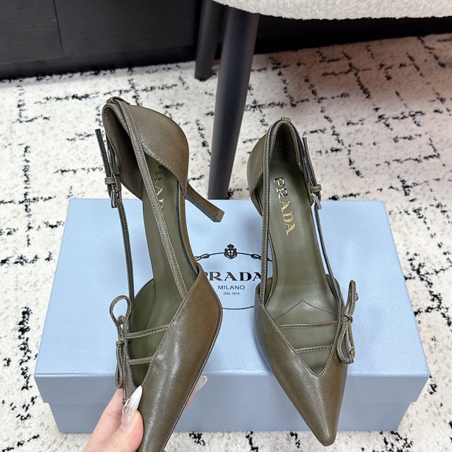 PRADA 26S POINTED-TOE HIGH HEELS 75MM IN OLIVE BROWN CALFSKIN WITH BOW
