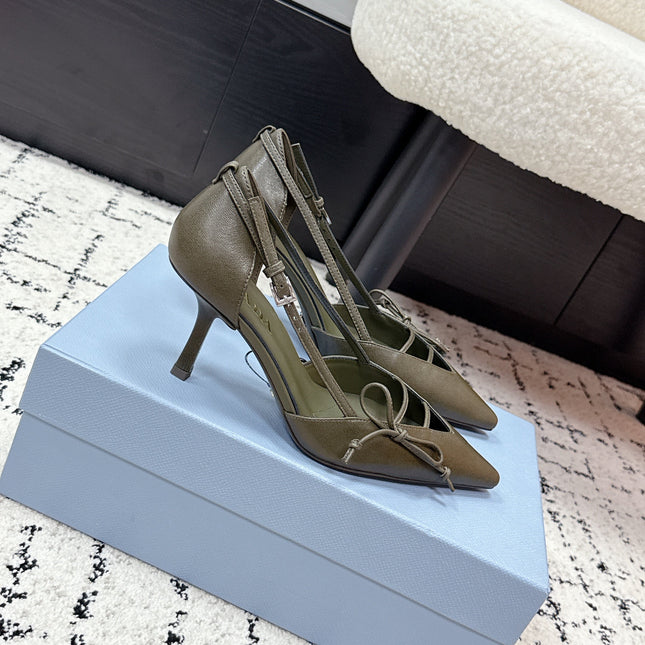 PRADA 26S POINTED-TOE HIGH HEELS 75MM IN OLIVE BROWN CALFSKIN WITH BOW