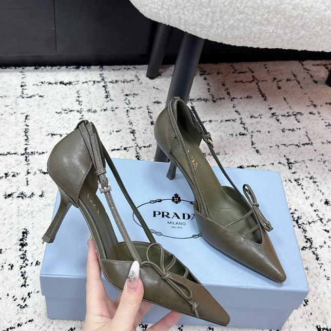 PRADA 26S POINTED-TOE HIGH HEELS 75MM IN OLIVE BROWN CALFSKIN WITH BOW