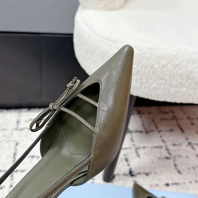 PRADA 26S POINTED-TOE HIGH HEELS 75MM IN OLIVE BROWN CALFSKIN WITH BOW