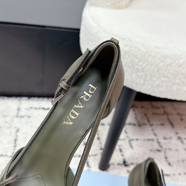 PRADA 26S POINTED-TOE HIGH HEELS 75MM IN OLIVE BROWN CALFSKIN WITH BOW