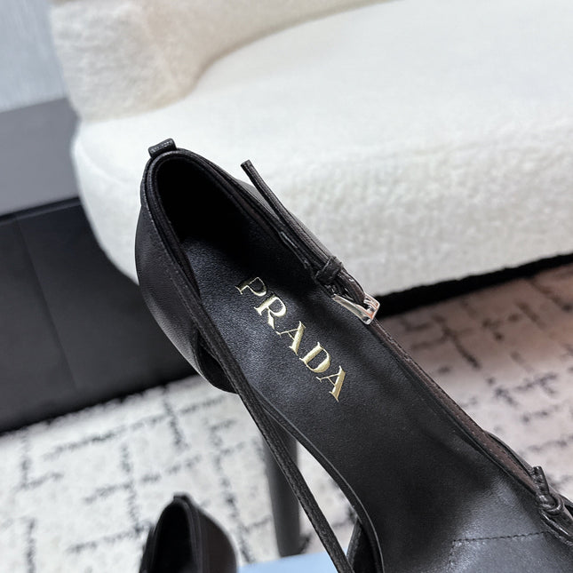 PRADA 26S POINTED-TOE HIGH HEELS 75MM IN BLACK CALFSKIN WITH BOW