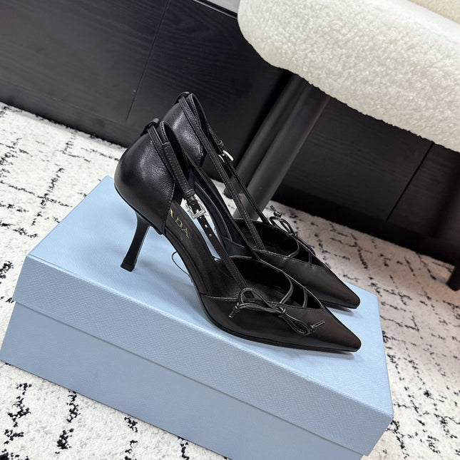 PRADA 26S POINTED-TOE HIGH HEELS 75MM IN BLACK CALFSKIN WITH BOW