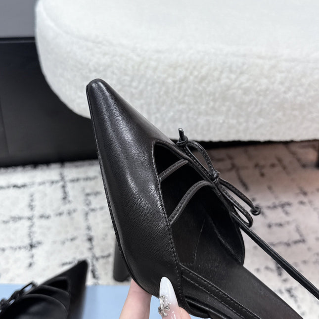 PRADA 26S POINTED-TOE HIGH HEELS 75MM IN BLACK CALFSKIN WITH BOW