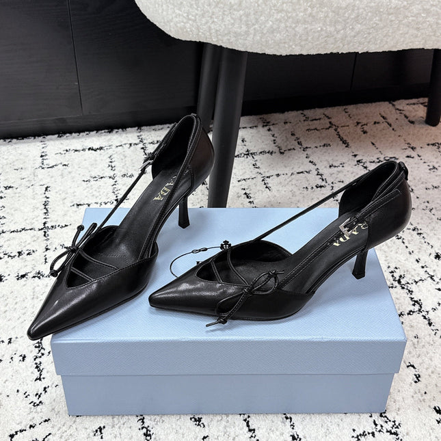 PRADA 26S POINTED-TOE HIGH HEELS 75MM IN BLACK CALFSKIN WITH BOW