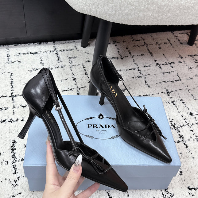 PRADA 26S POINTED-TOE HIGH HEELS 75MM IN BLACK CALFSKIN WITH BOW