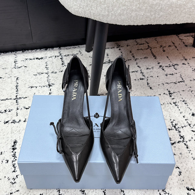 PRADA 26S POINTED-TOE HIGH HEELS 75MM IN BLACK CALFSKIN WITH BOW