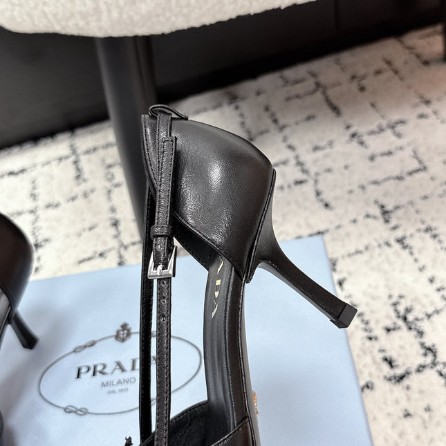 PRADA 26S POINTED-TOE HIGH HEELS 75MM IN BLACK CALFSKIN WITH BOW