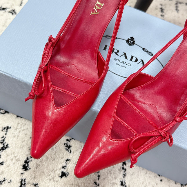 PRADA 26S POINTED-TOE HIGH HEELS 75MM IN DARK RED PATENT CALFSKIN WITH BOW