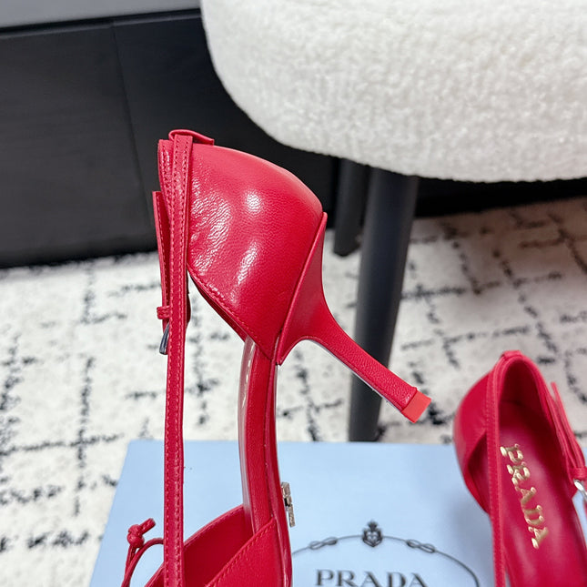 PRADA 26S POINTED-TOE HIGH HEELS 75MM IN DARK RED PATENT CALFSKIN WITH BOW