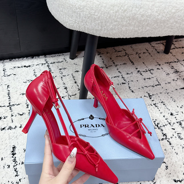PRADA 26S POINTED-TOE HIGH HEELS 75MM IN DARK RED PATENT CALFSKIN WITH BOW