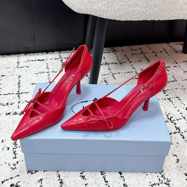 PRADA 26S POINTED-TOE HIGH HEELS 75MM IN DARK RED PATENT CALFSKIN WITH BOW