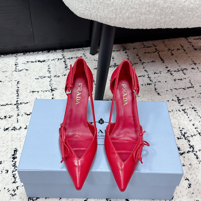 PRADA 26S POINTED-TOE HIGH HEELS 75MM IN DARK RED PATENT CALFSKIN WITH BOW