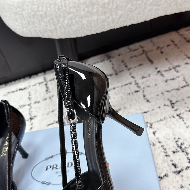 PRADA 26S POINTED-TOE HIGH HEELS 75MM IN BLACK PATENT CALFSKIN WITH BOW
