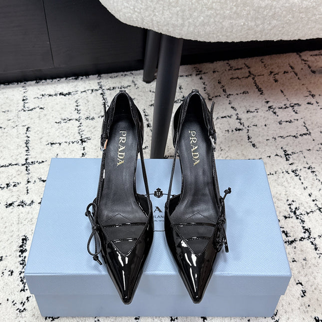 PRADA 26S POINTED-TOE HIGH HEELS 75MM IN BLACK PATENT CALFSKIN WITH BOW
