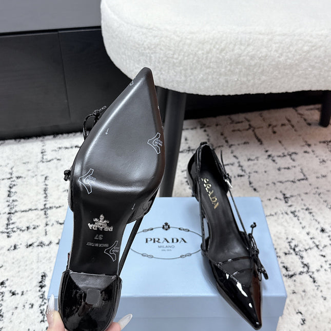 PRADA 26S POINTED-TOE HIGH HEELS 75MM IN BLACK PATENT CALFSKIN WITH BOW