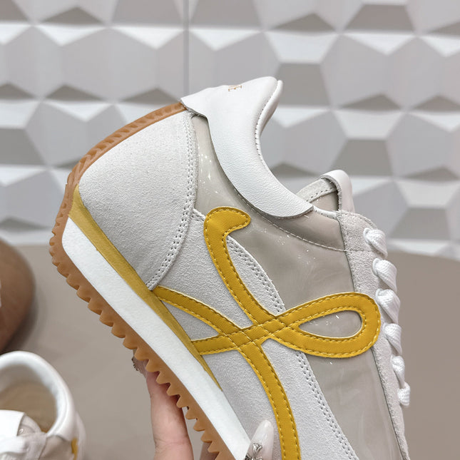 LOEWE 26S FLOW RUNNER SNEAKER IN WHITE YELLOW SUEDE AND CLEAR PLASTIC AND CALFSKIN