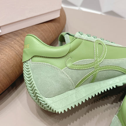LOEWE 26S FLOW RUNNER SNEAKER IN OLIVE GREEN CALFSKIN AND SUEDE
