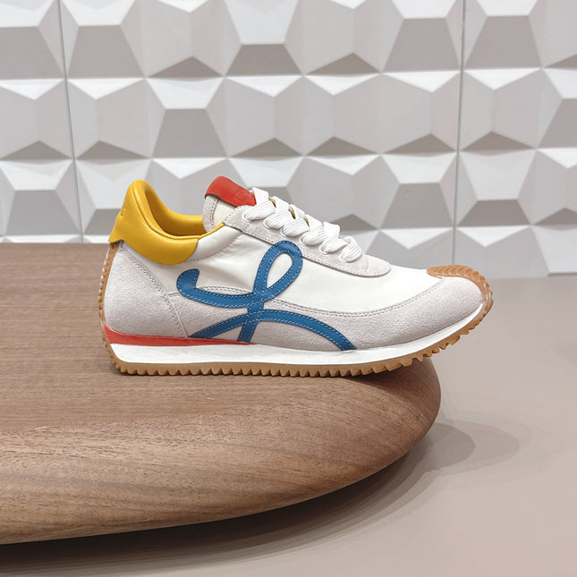 LOEWE 26S FLOW RUNNER SNEAKER IN LIGHT GRAY SUEDE YELLOW AND BLUE CALFSKIN