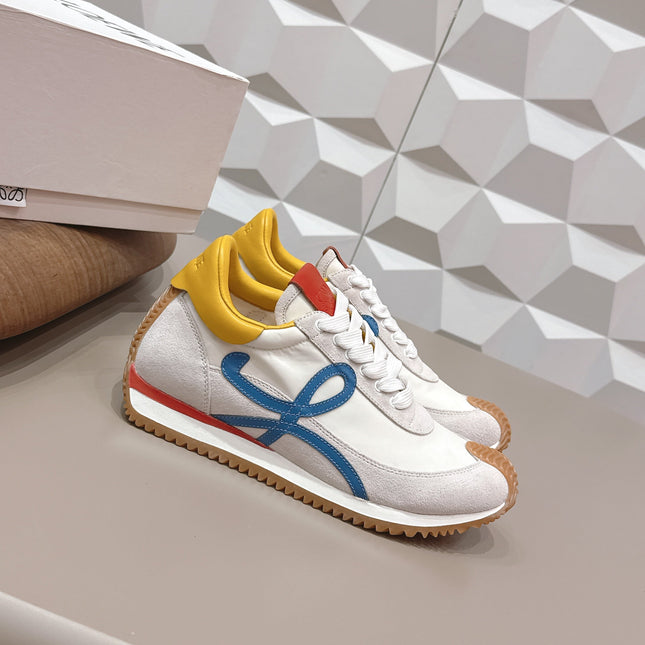 LOEWE 26S FLOW RUNNER SNEAKER IN LIGHT GRAY SUEDE YELLOW AND BLUE CALFSKIN