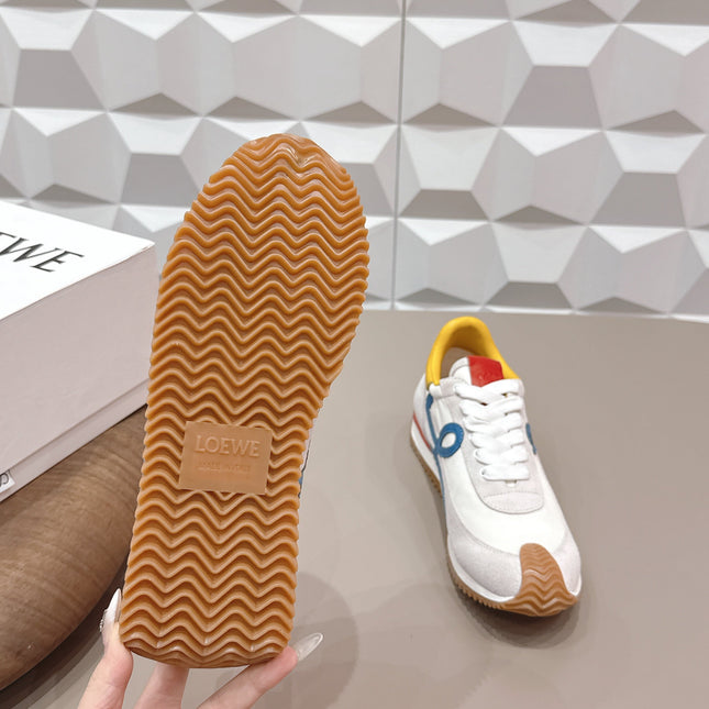LOEWE 26S FLOW RUNNER SNEAKER IN LIGHT GRAY SUEDE YELLOW AND BLUE CALFSKIN