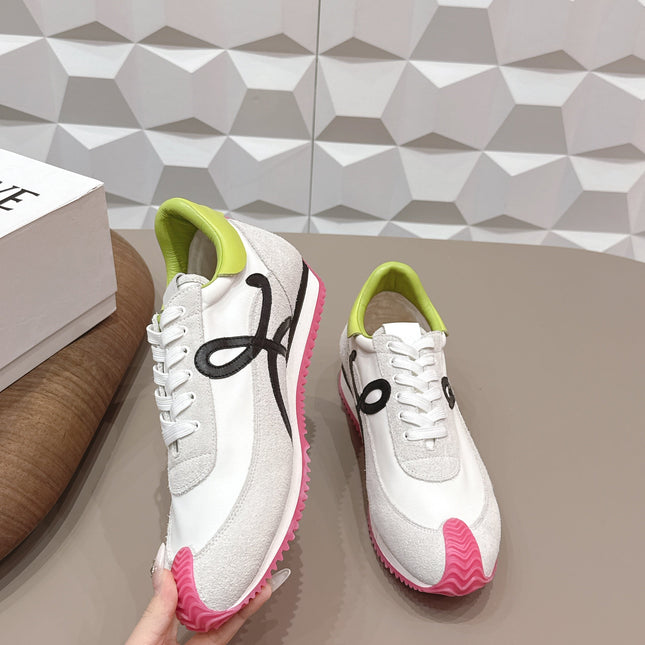 LOEWE 26S FLOW RUNNER SNEAKER IN LIGHT GRAY SUEDE AND LIME YELLOW AND BLACK CALFSKIN