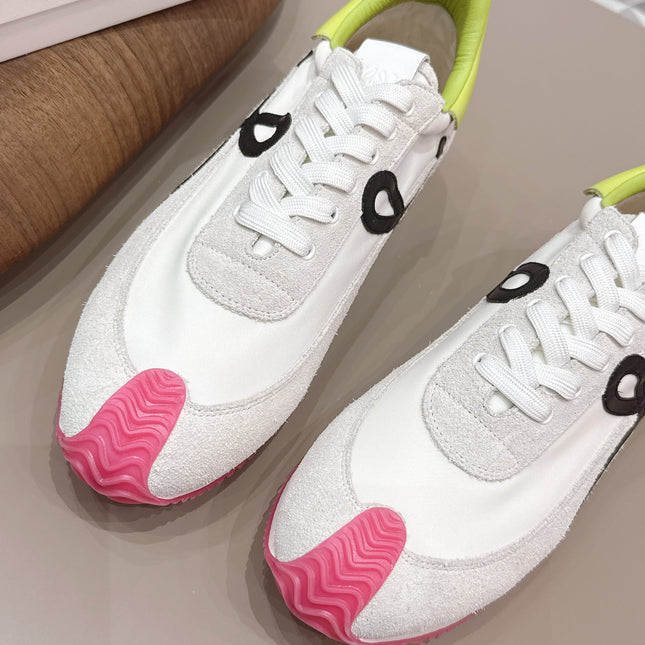 LOEWE 26S FLOW RUNNER SNEAKER IN LIGHT GRAY SUEDE AND LIME YELLOW AND BLACK CALFSKIN