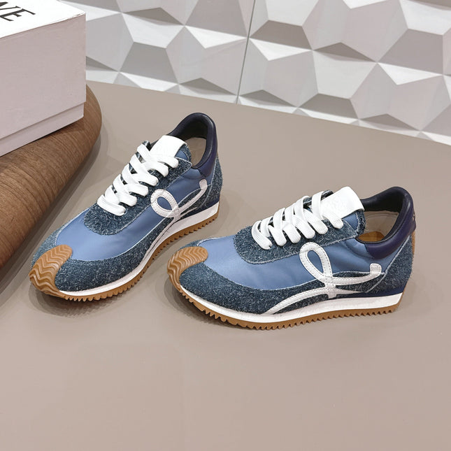 LOEWE 26S FLOW RUNNER SNEAKER IN SLATE BLUE SUEDE AND NAVY BLUE CALFSKIN